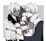  1girl 2boys aqua_eyes black_eyes bleach bleach:_sennen_kessen-hen coat commentary_request dark-skinned_male dark_skin dual_persona fur-trimmed_coat fur_trim grey_hair haori high_ponytail highres hitsugaya_toushirou japanese_clothes kurosaki_karin looking_down multiple_boys official_alternate_skin_color ponytail red_eyes school_uniform serafuku shihakusho silegesi taichou_haori wandenreich_uniform white_coat wide_sleeves zombie_(bleach) 