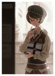  beret book brown_hair copyright_request cross glasses hat iron_cross kikuchi_(xpoz) library plaid plaid_skirt short_hair skirt smile solo sweater_vest vest yellow_eyes 