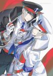  2boys absurdres armband ayasyacyo black_coat black_hat black_pants blue_armband blue_necktie brothers closed_mouth coat collared_shirt emmet_(pokemon) gloves grey_eyes grey_hair hat highres holding holding_poke_ball ingo_(pokemon) male_focus multiple_boys necktie open_clothes open_coat pants parted_lips peaked_cap poke_ball poke_ball_(basic) pokemon pokemon_bw shirt short_hair siblings sidelocks smile trench_coat twins white_coat white_gloves white_hat white_shirt 