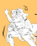  1girl 2boys absurdres arms_around_neck badeni bae_(baebae) belt boots capelet chi.:_chikyuu_no_undou_ni_tsuite clenched_teeth commentary_request dated feet_out_of_frame furrowed_brow hair_bun highres hood hood_up hooded_capelet jolenta korean_commentary multiple_boys oczy orange_background robe running short_hair sketch sleeves_rolled_up sweatdrop tabard teeth tonsure updo vest 