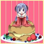  artist_request cream_puff food fruit hakama hanyuu higurashi_no_naku_koro_ni horns in_food japanese_clothes long_hair lowres miko minigirl non-web_source oekaki pastry purple_eyes purple_hair red_hakama solo strawberry 