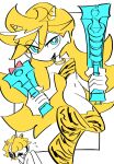 1boy 1girl blonde_hair blue_eyes brief_(psg) cosplay gun handgun highres horns lum lum_(cosplay) no_panties open_mouth panty_&amp;_stocking_with_garterbelt panty_(psg) shirt unfinished weapon wpous121 yellow_shirt 