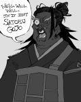  1boy artist_name black_hair black_robe crossover dark-skinned_male dark_skin earrings english_text genc getou_suguru greyscale hair_bun jewelry jujutsu_kaisen kesa lazy_eye long_hair male_focus messy_hair mole monochrome robe simple_background solo_focus speech_bubble the_boondocks uncle_ruckus white_background 