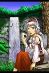  animal_ears bad_id bad_pixiv_id blue_eyes detached_sleeves diving fang food grey_hair hands hat inubashiri_momiji kawashiro_nitori kurione_(zassou) multiple_girls onigiri open_mouth scenery sword tail tokin_hat touhou water waterfall weapon wolf_ears wolf_tail 