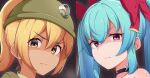  >:( 2girls angry bare_shoulders black_choker blonde_hair blue_eyes bow bow_(paper_mario) brown_eyes choker closed_mouth commentary_request fang frown gold_trim goombella hair_between_eyes hair_bow headlamp helmet high_ponytail highres long_hair looking_at_viewer mario_(series) mining_helmet mujin_(mujinzairaisen) multiple_girls multiple_hair_bows paper_mario paper_mario:_the_thousand-year_door paper_mario_64 personification ponytail portrait purple_eyes red_bow short_ponytail simple_background tan twintails v-shaped_eyebrows 