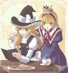  alice_margatroid blonde_hair checkerboard_cookie cookie cup eating food hairband hat ibuki_hasu kirisame_marisa long_hair macaron multiple_girls plate ribbon shanghai_doll short_hair sitting table tea teacup touhou witch witch_hat yellow_eyes 