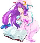  bad_id bad_pixiv_id blue_eyes book bow breasts dain hair_ribbon hat large_breasts long_hair patchouli_knowledge pink_bow purple_hair ribbon solo touhou 