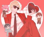 1girl 3boys :< arasa_ol_haman-sama black_jacket black_necktie black_skirt blonde_hair blue_eyes blue_jacket blue_pants blush_stickers brown_coat brown_hair brown_pants char_aznable chibi closed_mouth coat collared_shirt commentary crossed_arms crossed_legs english_commentary flying_sweatdrops frown furrowed_brow gundam haman_karn hand_on_own_hip heart heart_background highres id_card jacket judau_ashta kamille_bidan lanyard lapels long_sleeves looking_at_viewer multiple_boys necktie notched_lapels open_clothes open_coat open_mouth outline pants pink_hair pink_shirt pointing pronakser puff_of_air purple_eyes quattro_bajeena rectangular_mouth red_jacket red_pants shirt short_hair sitting skirt smile sunglasses v-shaped_eyebrows valentine white_outline white_shirt wing_collar yellow_necktie yellow_shirt 