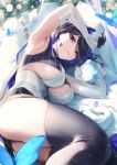  1girl arm_up armpits ass black_gloves black_shirt black_skirt black_thighhighs blue_bow blue_cape blue_eyes blue_hair boros_(ouro_kronii) bow breasts bug butterfly cape cleavage cleavage_cutout clothing_cutout commentary cropped_shirt detached_sleeves english_commentary gloves hair_flaps hair_intakes highres hololive hololive_english jewelry kronie_(ouro_kronii) large_breasts long_sleeves looking_at_viewer lying miniskirt on_side ouro_kronii ouro_kronii_(1st_costume) padoruu parted_lips pinstripe_pattern pinstripe_shirt pinstripe_skirt sailor_collar shirt skirt solo swept_bangs teeth thighhighs underboob veil vest virtual_youtuber white_sailor_collar white_sleeves white_veil white_vest 