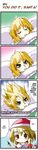  4koma alice_margatroid are_you_talking_about_kuririn blonde_hair brown_eyes comic hard_translated kirisame_marisa morogami_ryou multiple_girls ribbon santa_costume short_hair sleeping super_saiyan touhou translated 