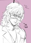  1boy absurdres badeni bae_(baebae) chi.:_chikyuu_no_undou_ni_tsuite closed_mouth commentary_request cross cross_necklace dated eyepatch hair_between_eyes highres jacket jewelry korean_commentary looking_at_viewer male_focus medical_eyepatch medium_hair necklace pink_background scar scar_on_face scar_on_mouth scar_on_nose sketch solo suit_jacket turtleneck upper_body 