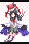  ? animal_ears bad_id bad_pixiv_id black_hair braid cape cat_ears cat_tail heart highres hug hug_from_behind kaenbyou_rin letterboxed long_hair multiple_girls multiple_tails neme red_eyes red_hair reiuji_utsuho ribbon spoken_heart tail touhou twin_braids twintails wings 