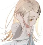  1girl blonde_hair collarbone colored_eyelashes earrings flat_chest flipped_hair gakuen_idolmaster hair_ornament hairclip hand_on_own_ear highres idolmaster jacket jewelry long_hair long_sleeves open_mouth orange_eyes shinosawa_hiro simple_background solo tsunenorip white_background 