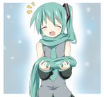  1girl ^_^ alternate_hairstyle aqua_hair bad_id bad_pixiv_id bare_shoulders blush border closed_eyes detached_hair detached_sleeves eyebrows_visible_through_hair hair_ornament hair_scarf happy hatsune_miku long_hair maruki_(punchiki) outside_border scarf side_ponytail solo twintails upper_body very_long_hair vocaloid white_border 