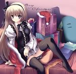  blonde_hair bow christmas gift gothic_lolita hair_bow hat lolita_fashion long_hair original purple_eyes santa_costume santa_hat skirt solo thighhighs tissue_box yukifuri zettai_ryouiki 