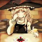  ^_^ alcohol bad_id bad_pixiv_id blonde_hair blush book cake champagne christmas closed_eyes facing_viewer food fruit hat ken_(coffee_michikusa) kirisame_marisa long_hair lovestruck pastry playing_with_own_hair pov_across_table ribbon solo strawberry touhou witch witch_hat 