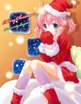  bad_id bad_pixiv_id bell blue_eyes blush boots christmas hair_bell hair_ornament hat kneehighs komone_ushio mittens original pink_hair santa_costume santa_hat sitting socks solo twintails 