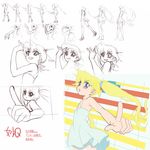  bad_id bad_pixiv_id barefoot blonde_hair blue_eyes foreshortening hands highres kansou_samehada long_hair pani_poni_dash! partially_colored rebecca_miyamoto sequential sketch 