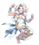  1boy animal_print artist_name baggy_pants bandaged_leg bandages barefoot blonde_hair blue_hat brown_eyes clenched_hands fur-trimmed_bracer fur-trimmed_vest fur_trim hat kevin_(seiken_densetsu_3) male_focus medium_hair michibata_65 midair mini_hat open_clothes open_mouth open_vest pants parted_bangs pectorals print_pants print_vest seiken_densetsu seiken_densetsu_3 solo thick_eyebrows tiger_print vest white_background 