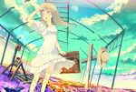  bad_id bad_pixiv_id blonde_hair cloud day field flower flower_field hat kacchuu long_hair luggage moon one_eye_closed open_mouth original purple_hair railroad_tracks ruins shading_eyes skirt sky solo standing star suitcase white_skirt wind wind_lift 