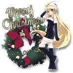  ahoge alternate_color bad_id bad_pixiv_id black_santa_costume blonde_hair blush christmas grune hat high_heels highres long_hair original red_eyes santa_costume santa_hat shoes skirt solo thighhighs very_long_hair 