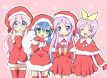  bad_id bad_pixiv_id blue_eyes blue_hair blush christmas gift glasses green_eyes hair_ribbon happy hat hiiragi_kagami hiiragi_tsukasa izumi_konata long_hair lucky_star maruki_(punchiki) mole mole_under_eye multiple_girls pink_hair purple_hair ribbon santa_costume santa_hat smile takara_miyuki tareme thighhighs tsurime twintails zettai_ryouiki 