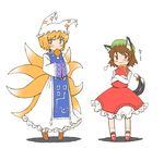  :3 aburaage animal_ears bad_id bad_pixiv_id bell blonde_hair cat_ears cat_tail chen crossed_arms earrings eating food fox_tail full_body hat jewelry jingai_modoki kyuubi long_sleeves mouth_hold multiple_girls multiple_tails pillow_hat shoes short_hair socks standing surcoat tail tassel touhou white_background wide_sleeves yakumo_ran 