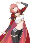  1girl absurdres alternate_costume arm_up asymmetrical_clothes asymmetrical_pants black_leggings black_pants breasts bridal_gauntlets cape cleavage clothing_cutout collarbone commission commissioner_upload crop_top fire_emblem fire_emblem_engage fire_emblem_fates grin hairband highres leg_cutout leggings looking_at_viewer medium_breasts midriff navel pants pantyhose pink_eyes pink_hair red_cape sage_outfit_(fire_emblem_engage) sakura_(fire_emblem) seilindekos single_pantsleg smile stomach stomach_cutout white_background white_hairband 