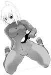  breasts curvy greyscale gun handgun large_breasts metroid monochrome nintendo ponytail samus_aran sitting solo thick_thighs thighs third-party_edit weapon zero_suit 