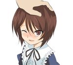  bad_id bad_pixiv_id blush brown_hair ica one_eye_closed out_of_frame petting rozen_maiden short_hair simple_background smile solo_focus souseiseki upper_body 
