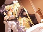  alma_hamillton anri_anriette bed black_hair blonde_hair blush closed_eyes game_cg hat kiss koume_keito long_hair multiple_girls pantyhose sapphism_no_gensou short_hair surprised yuri 