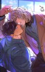  2boys absurdres alternate_universe badeni bae_(baebae) black_pants black_shirt blonde_hair blue_jacket brown_hair brown_jacket chi.:_chikyuu_no_undou_ni_tsuite collared_shirt commentary_request dated eyepatch grey_eyes grey_sweater hair_between_eyes highres jacket korean_commentary looking_at_another male_focus medical_eyepatch medium_hair multiple_boys oczy pants parted_lips scar scar_on_face scar_on_mouth scar_on_nose shirt shirt_under_sweater short_hair suit_jacket sweatdrop sweater yaoi 