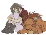  1boy 1girl aerith_gainsborough animal animal_earrings arm_belt black_choker boots brown_boots brown_hair choker claws closed_mouth crossed_arms dress facial_mark feather_hair_ornament feathers final_fantasy final_fantasy_vii gold_bangle green_eyes hair_ornament hair_ribbon hashtag-only_commentary highres hugging_own_legs jacket long_dress long_hair looking_at_another one_eye_closed orange_eyes parted_bangs pink_dress pink_ribbon red_hair red_jacket red_xiii ribbon scar scar_across_eye scar_on_face short_sleeves sidelocks sitting sketch slit_pupils smile soten_sq white_background 