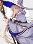  1girl absurdres aesc_(fate) aesc_(rain_witch)_(fate) black_dress blonde_hair blue_eyes blush bow bowtie braid breasts brooch chain cloak commentary dress fate/grand_order fate_(series) glasses gold_trim hat highres jewelry large_breasts long_hair long_sleeves looking_at_viewer natu_zame open_mouth round_eyewear side_ponytail solo two-tone_dress white_cloak white_dress white_hat wide_sleeves witch_hat wooden_staff 