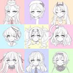  anchor_ornament beret braid buttons commentary_request double-breasted gambier_bay_(kancolle) grey_hair hat head_only headband headgear highres jean_bart_(kancolle) johnston_(kancolle) kantai_collection long_hair looking_at_viewer low_twin_braids massachusetts_(kancolle) nagi_kantai114 necktie nelson_(kancolle) odd_one_out one_eye_closed ranger_(kancolle) sailor_collar samuel_b._roberts_(kancolle) saratoga_(kancolle) side_ponytail smile spot_color teruzuki_(kancolle) twin_braids twintails two_side_up upper_body 