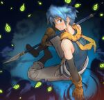  1boy ahonobo belt blue_eyes blue_hair blush boots clenched_teeth commentary_request from_above gloves holding holding_weapon last_period looking_at_viewer looking_back male_focus monster nero_(last_period) pants polearm scarf sitting solo spear teeth weapon yellow_scarf 