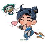  2boys artist_name asymmetrical_gloves bare_shoulders belt black_belt black_hair blue_shoes blue_tank_top blush bodysuit chibi chibi_only closed_eyes clothes_around_waist commentary crane_stance earrings elbow_gloves fangs fingerless_gloves gloves green_eyes hair_bun hat heart holding holding_weapon jade_(gemstone) jewelry leg_up male_focus mask mizuki_(overwatch) mouth_mask multiple_boys necklace open_mouth overwatch pelvic_curtain pendant rice_hat ruru_hrk shoes simple_background smile standing standing_on_one_leg stud_earrings tank_top teeth topknot untranslatable_commentary weapon white_background white_hair wuyang_(overwatch) 