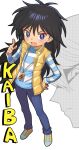  2boys :d absurdres black_hair blue_pants blue_shirt character_name commentary_request fang funifuchan hand_on_own_hip highres jacket kaiba_mokuba kaiba_seto long_hair looking_at_viewer male_focus multiple_boys open_clothes open_jacket open_mouth pants shirt shoes sleeveless sleeveless_jacket smile striped_clothes striped_shirt v-shaped_eyebrows very_long_hair white_background white_shoes yellow_jacket yu-gi-oh! 