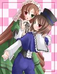  brown_hair checkered checkered_background cowboy_shot frame frills hat heterochromia multiple_girls pink_background rozen_maiden siblings sisters souseiseki suiseiseki tilm twins 
