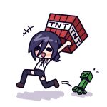  +++ 1girl :d akina_mochi arms_up black_ribbon black_shorts black_thighhighs blush brown_shoes chainsaw_man chibi chibi_only commentary creeper crossover explosive flying_sweatdrops hair_between_eyes highres holding_above_head laughing long_hair_between_eyes minecraft neck_ribbon ponytail purple_hair reze_(chainsaw_man) ribbon running shirt shoes short_ponytail shorts sleeveless sleeveless_shirt smile solid_oval_eyes thighhighs tnt tnt_block_(minecraft) white_shirt 