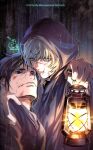  2boys absurdres arm_around_neck badeni bae_(baebae) black_cloak black_hair blonde_hair bruise bruise_on_face chi.:_chikyuu_no_undou_ni_tsuite cloak commentary_request copyright_name dated grey_eyes hair_between_eyes highres holding holding_lantern hood hood_up hooded_cloak injury korean_commentary lantern male_focus medium_hair multiple_boys oczy parted_lips rain scar scar_on_cheek scar_on_face scar_on_mouth scar_on_nose tonsure upper_body wet 