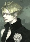  bad_id bad_pixiv_id blonde_hair blue_eyes brooch cloud_strife ear_piercing earrings jewelry kunimura_hakushi lion lowres male_focus piercing ring solo vest 