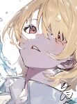  1girl ai-generated angel_maker blonde_hair collared_shirt dutch_angle eyebrows_hidden_by_hair eyelashes hair_over_one_eye hashtag-only_commentary heaven_burns_red highres kayamori_ruka light_blush lips long_bangs looking_at_viewer parted_lips portrait red_eyes shirt short_hair signature simple_background smile solo water_drop white_background white_shirt 