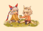  2girls absurdres aged_down ahoge animal_ears bandaged_leg bandages black_shorts blue_eyes blue_hairband blush brown_sweater closed_mouth coat commentary ear_covers eating eating_non-food english_commentary fang flower glutton grass grey_hair grey_tail hair_between_eyes hairband headband highres holding holding_flower horse_ears horse_girl horse_tail jacket long_sleeves medium_hair multicolored_hairband multiple_girls oguri_cap_(umamusume) open_mouth outstretched_arm pink_sweater ponytail red_headband shirt shoes short_hair shorts sitting socks striped_clothes striped_hairband sweatdrop sweater tail tamamo_cross_(umamusume) tanukimo_imo two-tone_hairband umamusume umamusume:_cinderella_gray weeds white_socks yellow_coat 