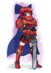  adapted_costume armor armored_dress bow cape hair_bow hashiro knight looking_at_viewer red_eyes red_hair sekibanki short_hair skirt solo sword touhou weapon 