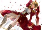  aestus_estus ahoge bad_id bad_pixiv_id blonde_hair dress epaulettes fate/extra fate_(series) greaves green_eyes nero_claudius_(fate) nero_claudius_(fate)_(all) petals pochita127 red_dress see-through solo sword weapon 