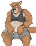  biceps body_hair bracelet bulge canine canson chest_tuft chubby clothing ear_piercing fangs fur grin happy_trail jewelry male mammal musclegut muscles pecs piercing shirt shorts sitting solo tank_top tuft vest wolf 