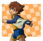  brown_hair inazuma_eleven_(series) inazuma_eleven_go jacket lightning_bolt looking_back male_focus matsukaze_tenma mizuhara_aki open_clothes open_jacket open_mouth raimon raimon_soccer_uniform soccer_uniform solo sportswear track_jacket 