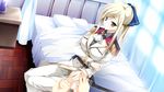  1girl bed blonde_hair game_cg heterochromia kimishima_ao otome_ga_tsumugu_koi_no_canvas pillow ribbon shishidou_chiharu sword weapon 