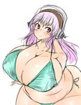  1girl bikini breasts cleavage collarbone fat gigantic_breasts headphones hips long_hair nitroplus pink_hair red_eyes shiny shiny_skin smile solo super_sonico swimsuit tensai427 white_background wide_hips 